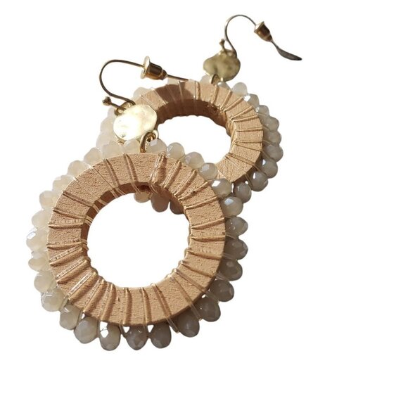 Womens Ivory Wood Glass Beaded Hoop Circle Drop Dangle French Hook Earrings - Picture 4 of 4